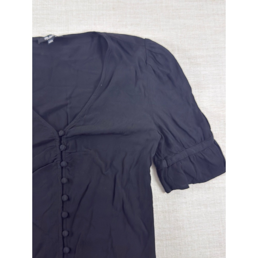 Madewell Blouse Womens 2 Black V Neck Button Front Puff Sleeve Ruffle Top - Picture 2 of 10